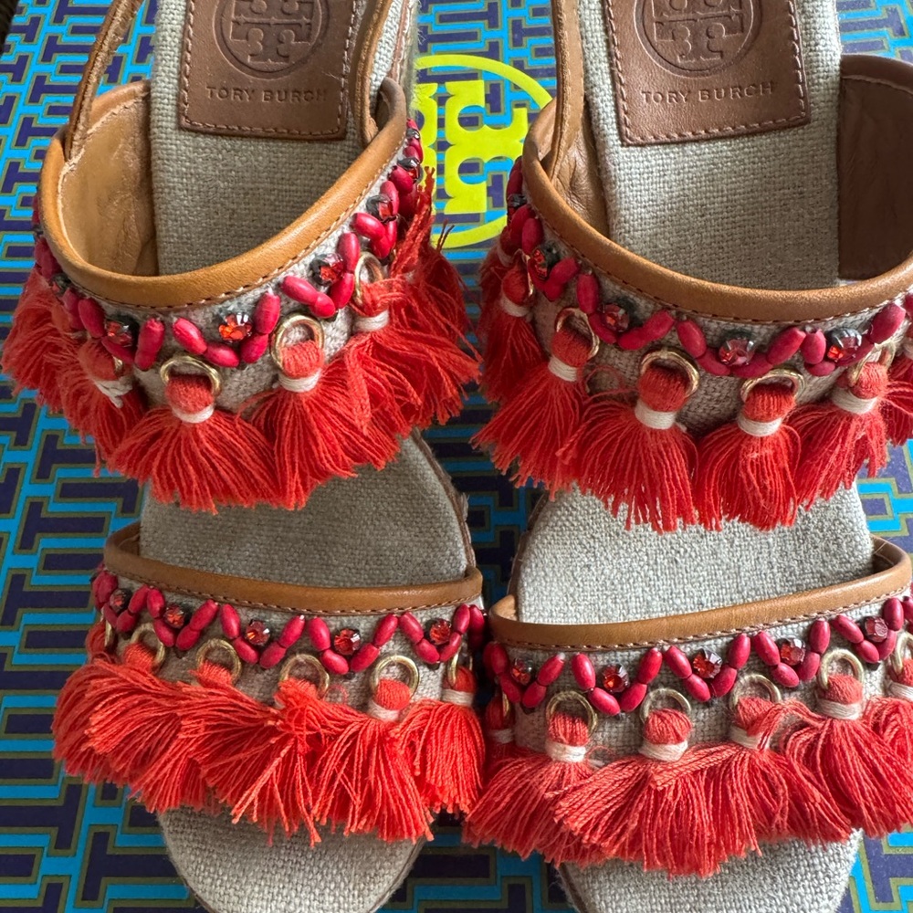 Tory Burch Orange and Tan Fringe Sandals